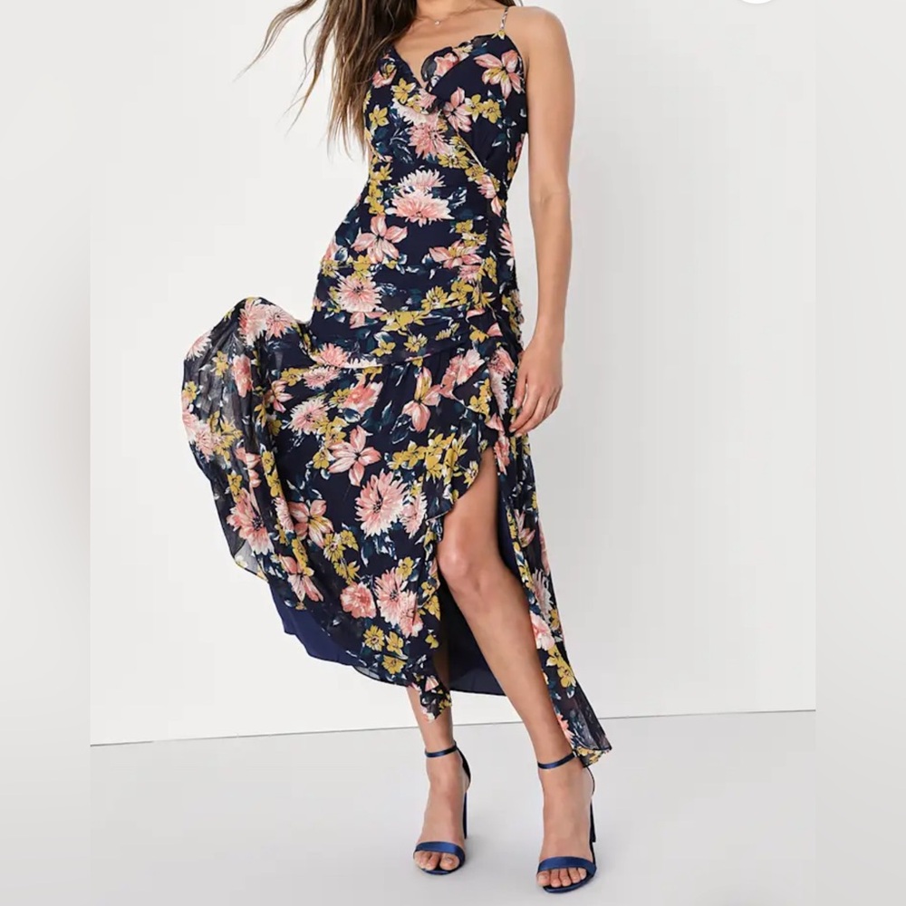 Floral Maxi Dress with Slit, Soiree Navy Blue Floral Print Ruched Midi Dress